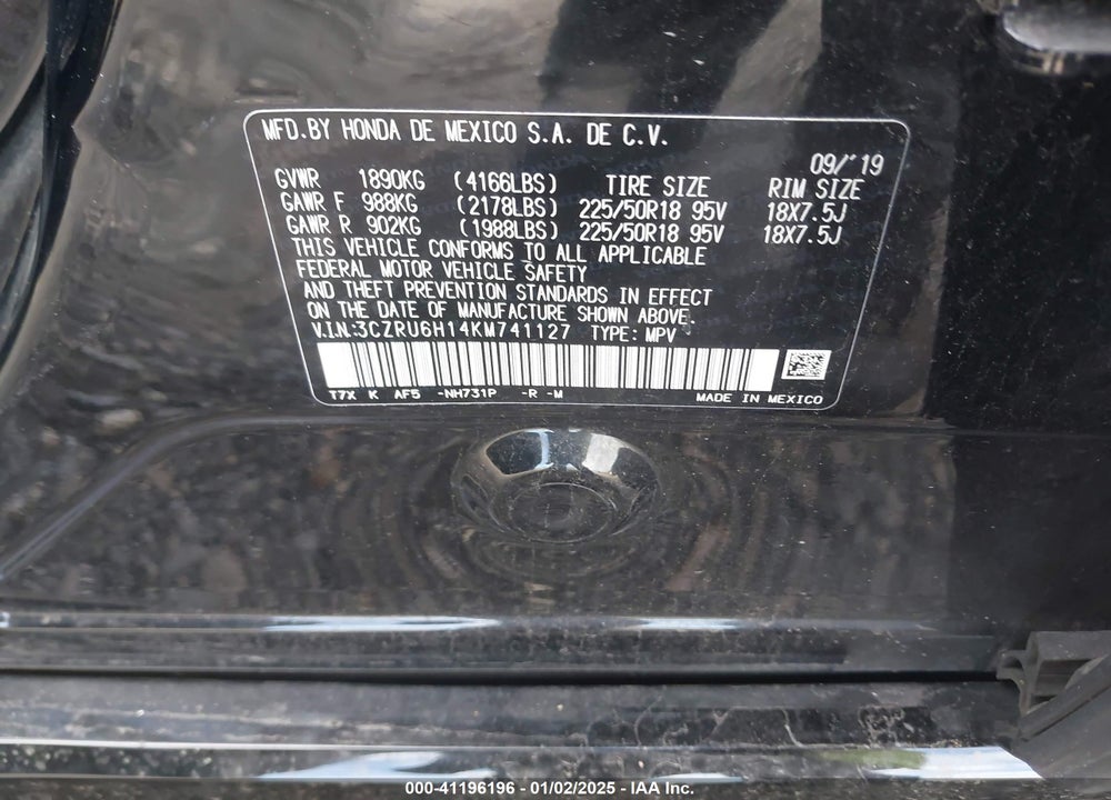 2019 HONDA HR-V VIN: 3CZRU6H14KM741127