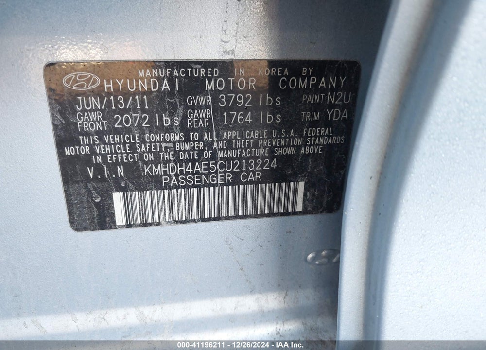 2012 HYUNDAI ELANTRA LIMITED PZEV VIN: KMHDH4AE5CU213224
