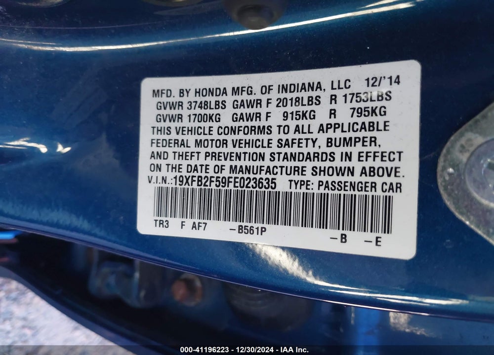 2015 HONDA CIVIC LX VIN: 19XFB2F59FE023635