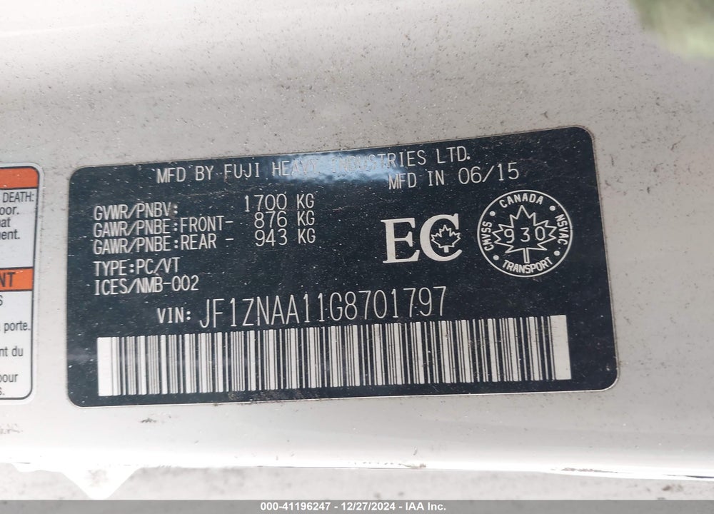 2016 SCION FR-S BASE (M6) VIN: JF1ZNAA11G8701797