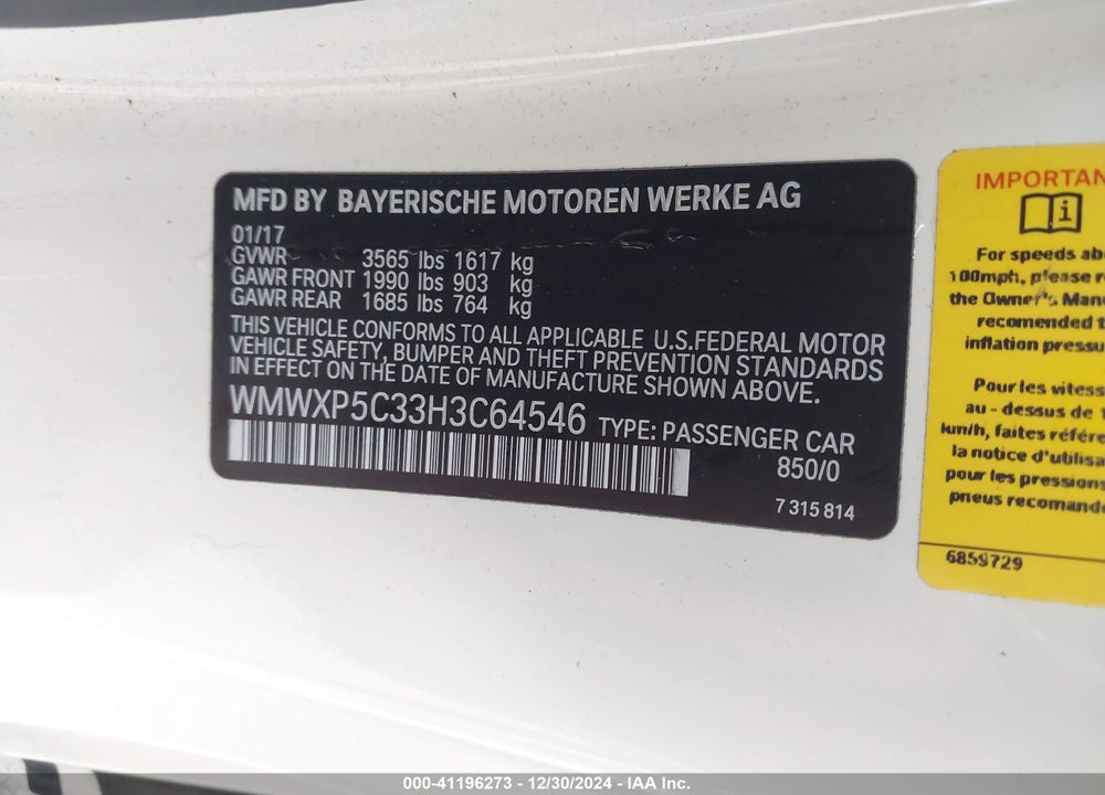 2017 MINI COOPER VIN: WMWXP5C33H3C64546