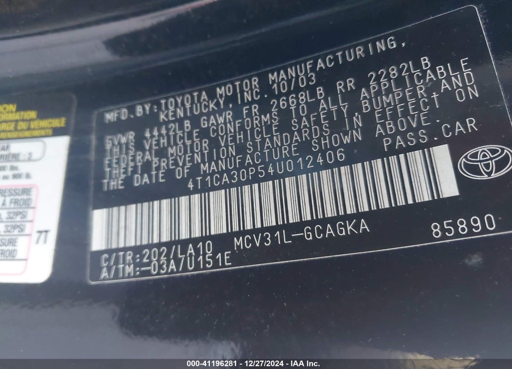 2004 TOYOTA CAMRY SOLARA SLE V6 VIN: 4T1CA30P54U012406