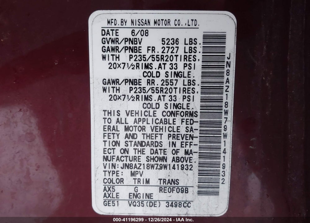 2009 NISSAN MURANO LE VIN: JN8AZ18W79W141932