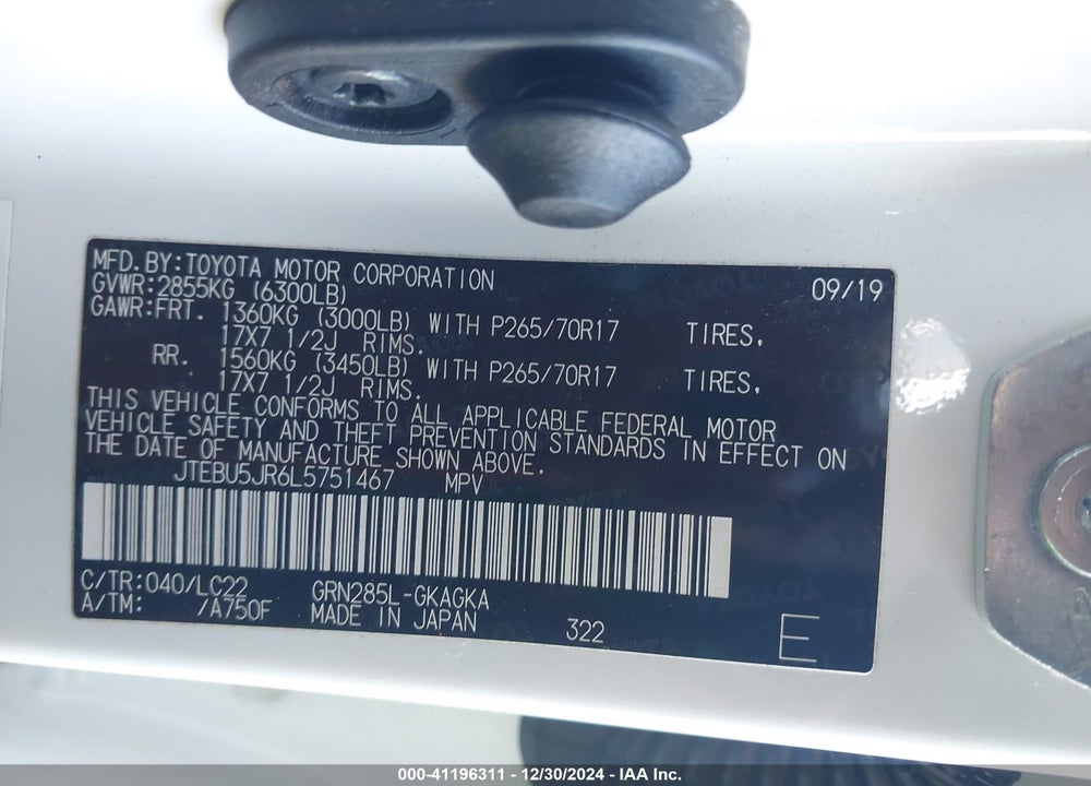 2020 TOYOTA 4RUNNER VIN: JTEBU5JR6L5751467
