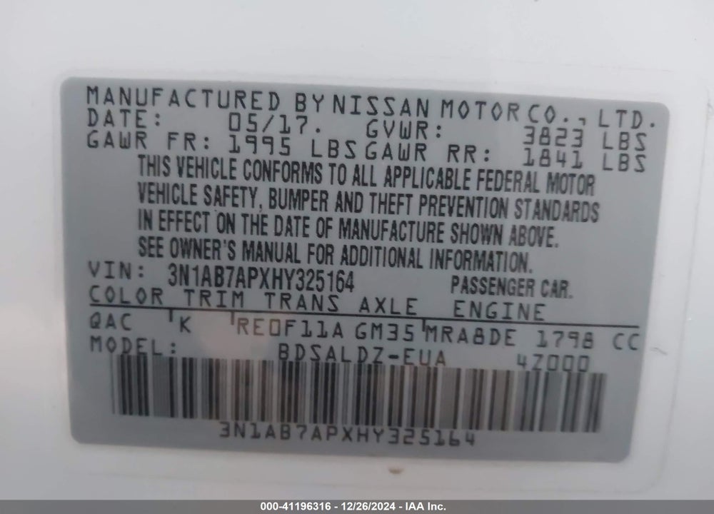 2017 NISSAN SENTRA VIN: 3N1AB7APXHY325164