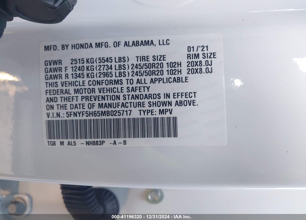 2021 HONDA PILOT 2WD TOURING 7 PASSENGER VIN: 5FNYF5H65MB025717