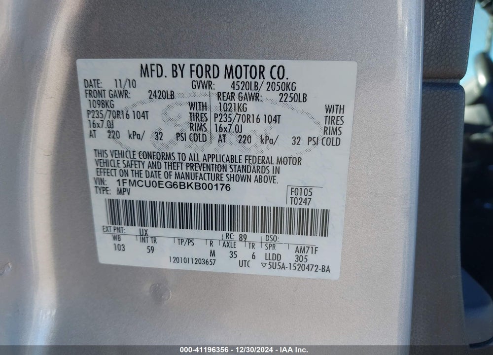 2011 FORD ESCAPE LIMITED VIN: 1FMCU0EG6BKB00176