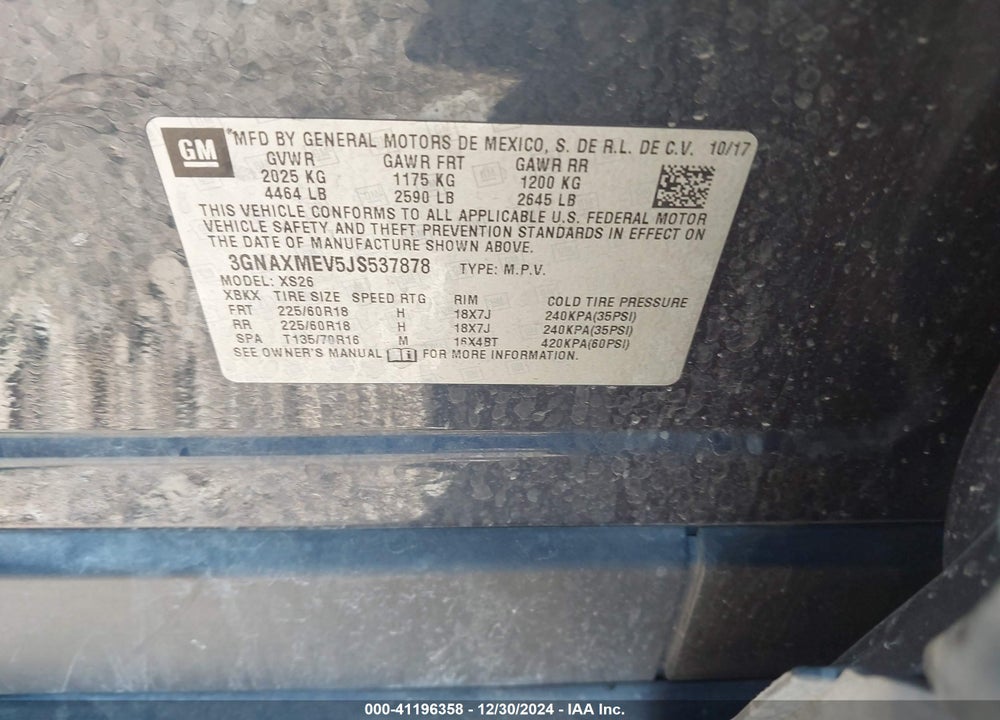 2018 CHEVROLET EQUINOX VIN: 3GNAXMEV5JS537878