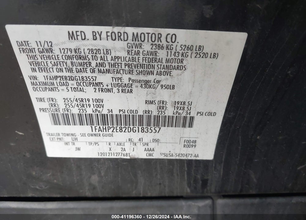 2013 FORD TAURUS SEL VIN: 1FAHP2E82DG183557