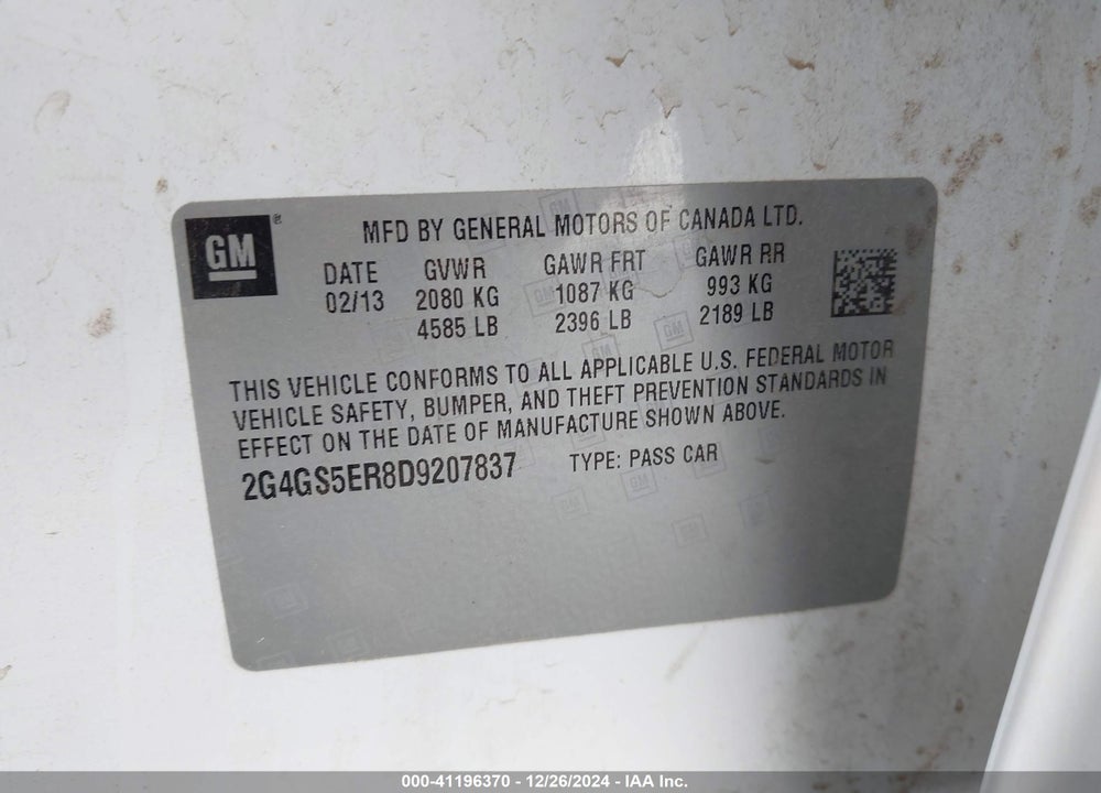 2013 BUICK REGAL VIN: 2G4GS5ER8D9207837
