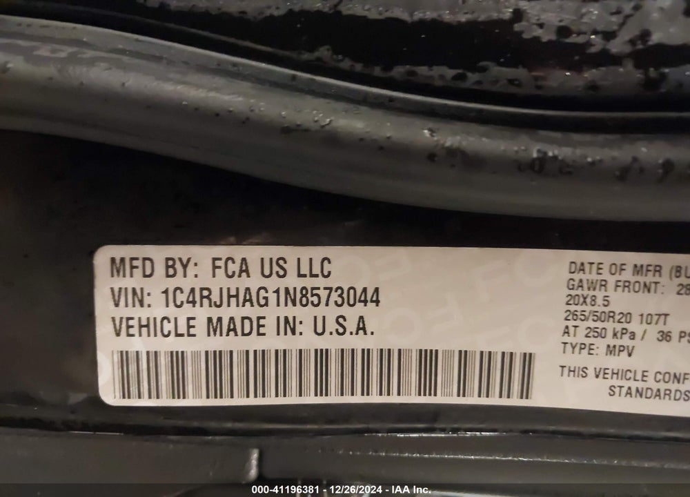 2022 JEEP GRAND CHEROKEE ALTITUDE 4X4 VIN: 1C4RJHAG1N8573044