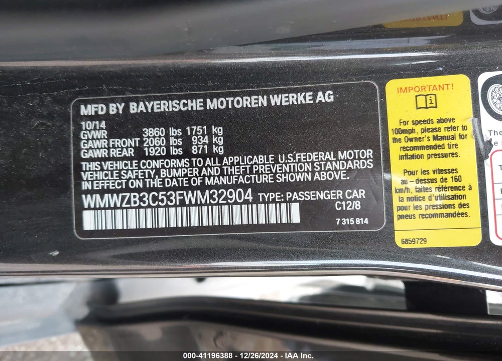 2015 MINI COUNTRYMAN COOPER VIN: WMWZB3C53FWM32904
