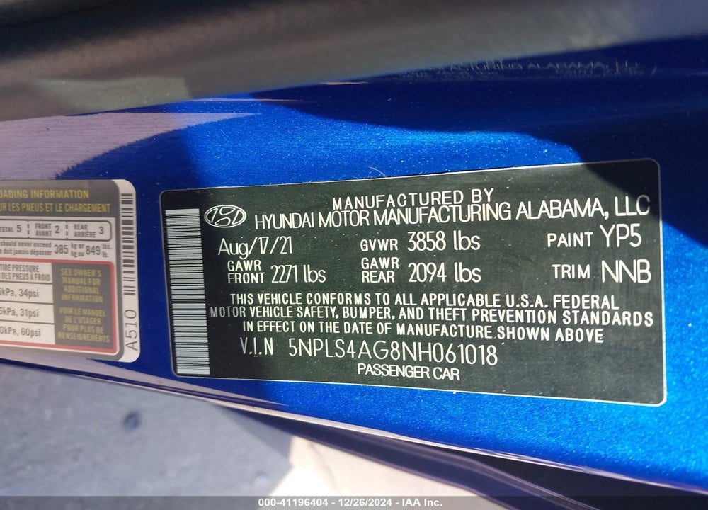2022 HYUNDAI ELANTRA SEL VIN: 5NPLS4AG8NH061018