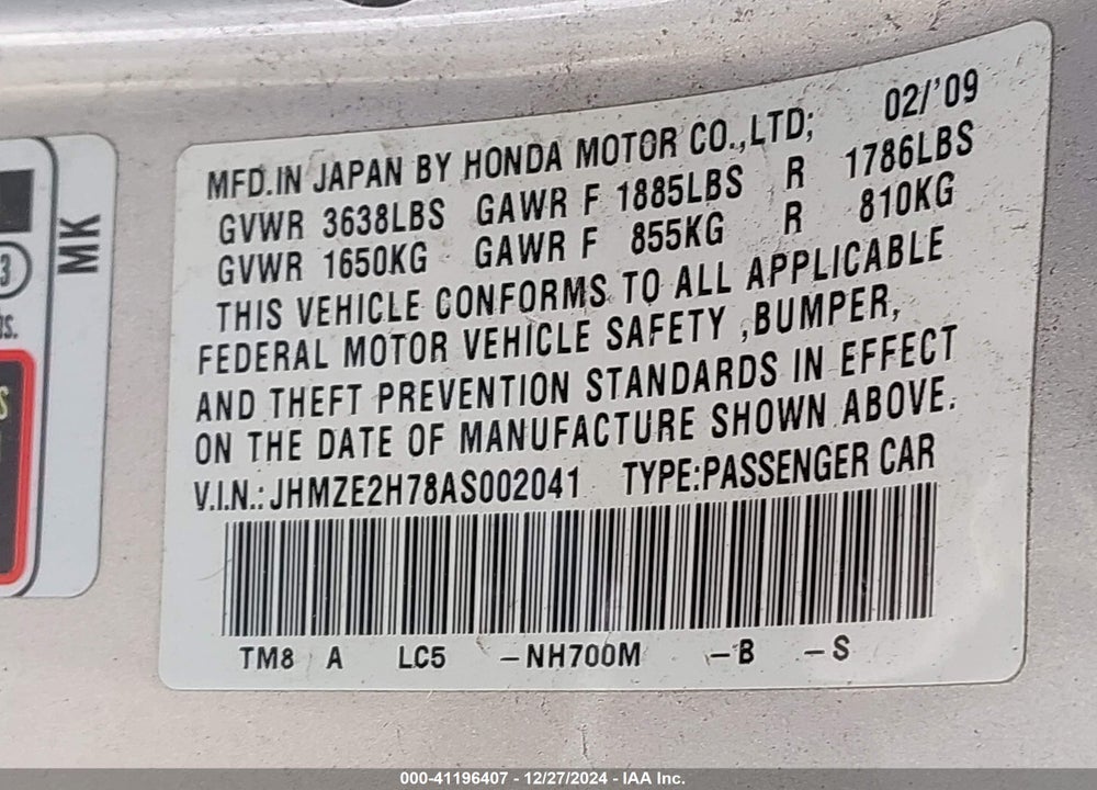 2010 HONDA INSIGHT EX VIN: JHMZE2H78AS002041