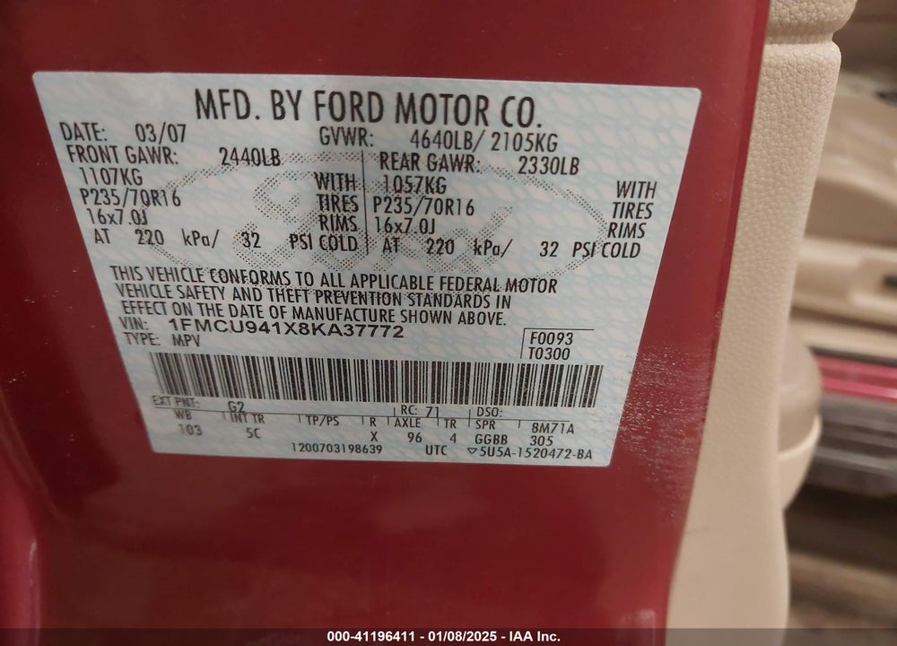 2008 FORD ESCAPE VIN: 1FMCU941X8KA37772
