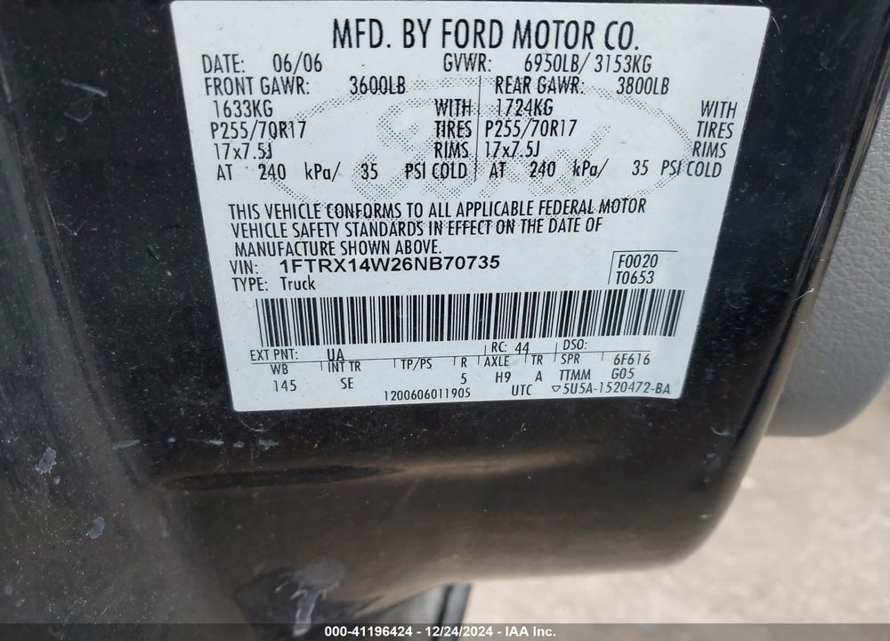 2006 FORD F-150 STX/XL/XLT VIN: 1FTRX14W26NB70735