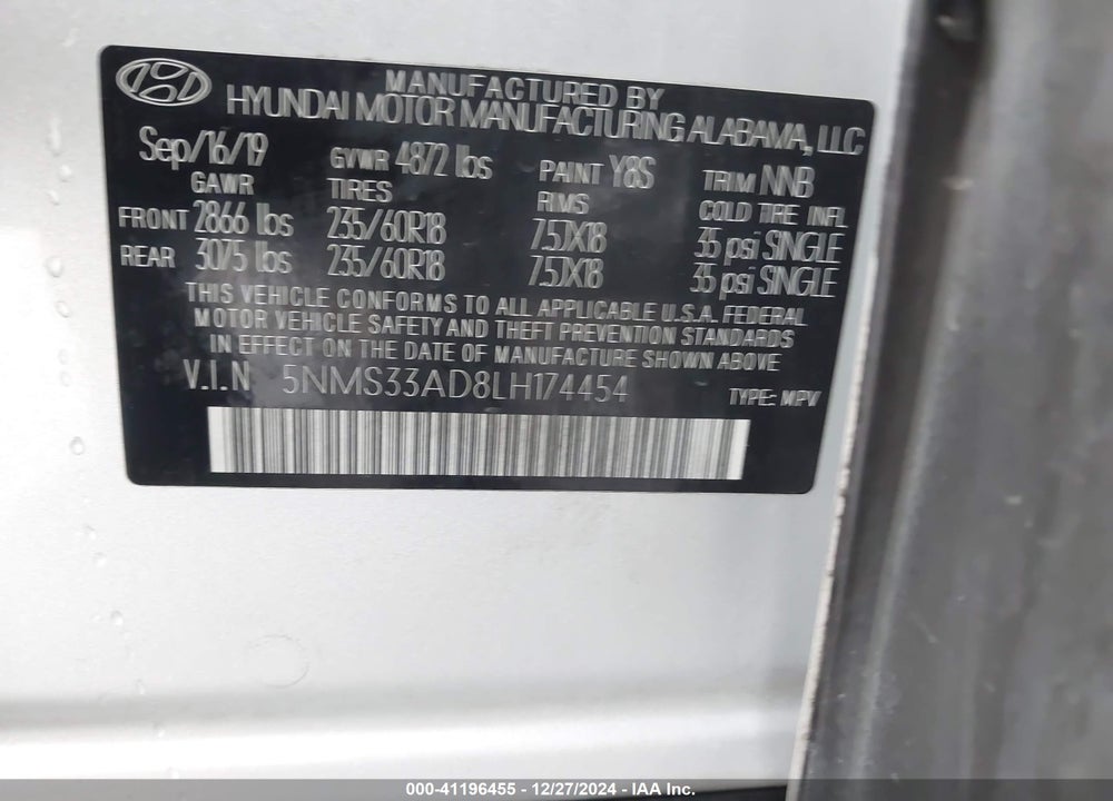 2020 HYUNDAI SANTA FE SEL VIN: 5NMS33AD8LH174454