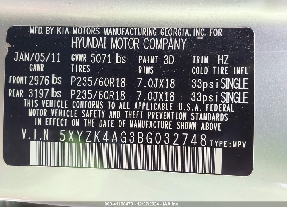 2011 HYUNDAI SANTA FE LIMITED V6 VIN: 5XYZK4AG3BG032748