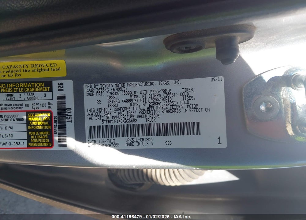 2012 TOYOTA TUNDRA GRADE 4.6L V8 VIN: 5TFRM5F14CX036682