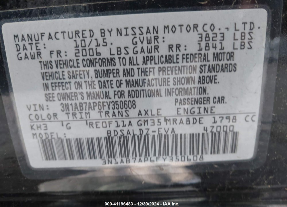 2015 NISSAN SENTRA VIN: 3N1AB7AP6FY350608