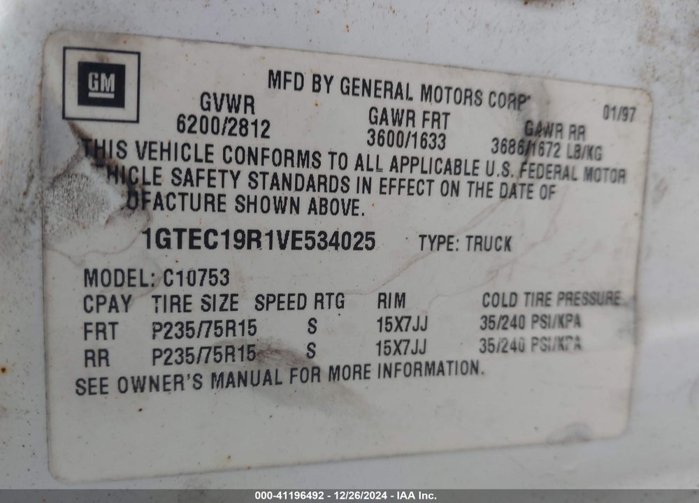 1997 GMC SIERRA 1500 SL WIDESIDE VIN: 1GTEC19R1VE534025