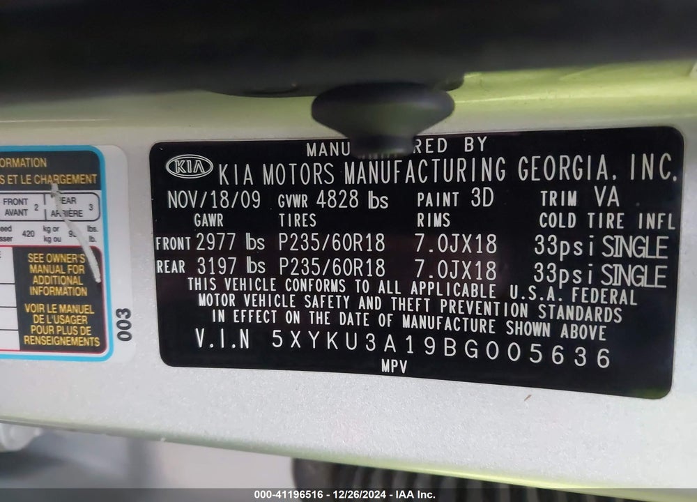 2011 KIA SORENTO EX VIN: 5XYKU3A19BG005636