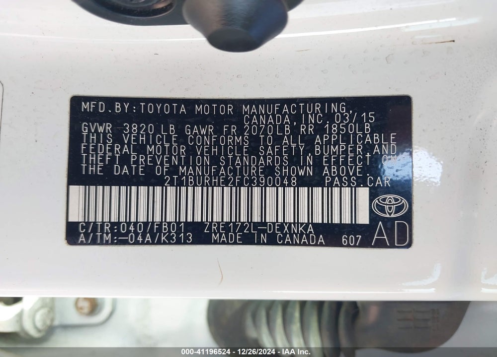 2015 TOYOTA COROLLA LE VIN: 2T1BURHE2FC390048
