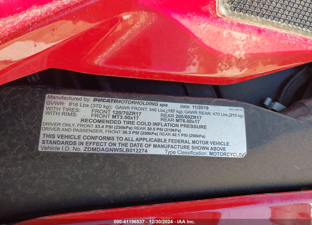 2020 DUCATI PANIGALE V4/V4S/V4S SPECIALE VIN: ZDMDAGNW5LB012274