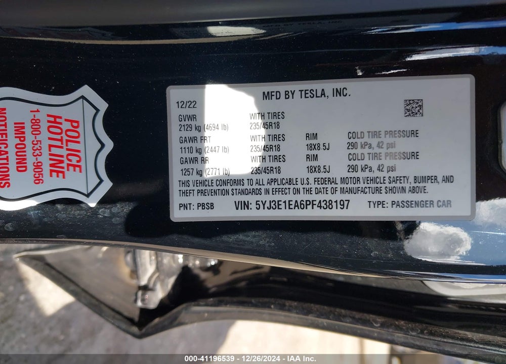2023 TESLA MODEL 3 REAR-WHEEL DRIVE VIN: 5YJ3E1EA6PF438197