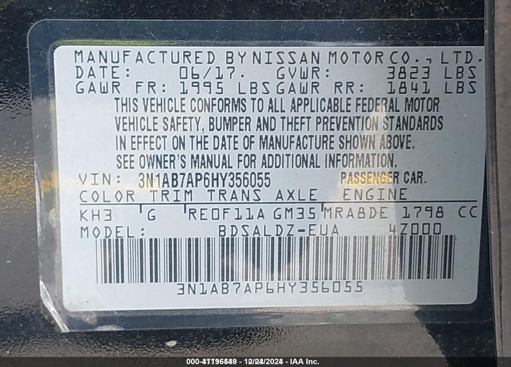 2017 NISSAN SENTRA VIN: 3N1AB7AP6HY356055