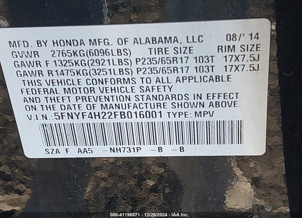 2015 HONDA PILOT LX VIN: 5FNYF4H22FB016001