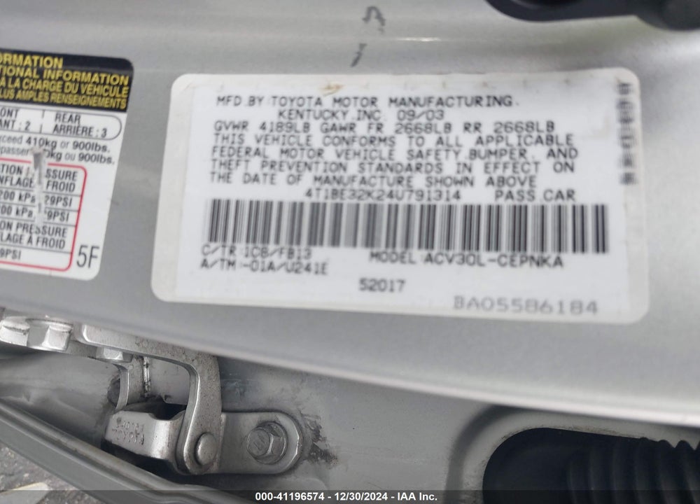 2004 TOYOTA CAMRY LE VIN: 4T1BE32K24U791314