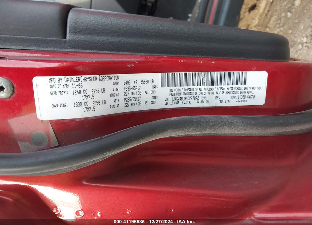 2004 JEEP GRAND CHEROKEE LAREDO VIN: 1J4GW48J94C287872