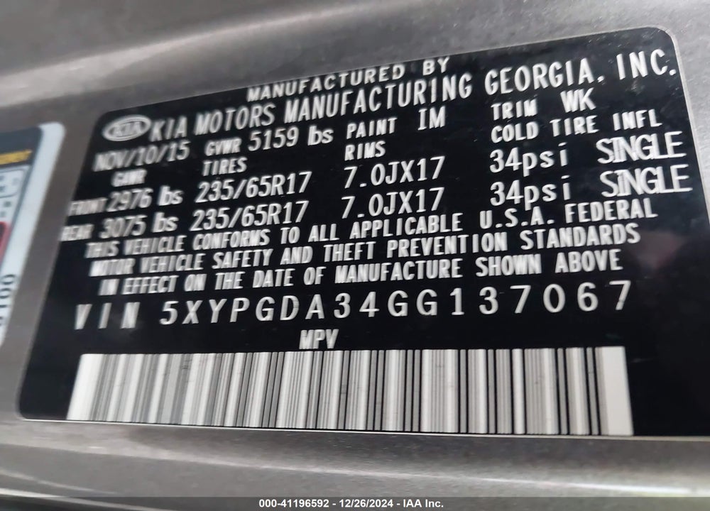 2016 KIA SORENTO 2.4L LX VIN: 5XYPGDA34GG137067