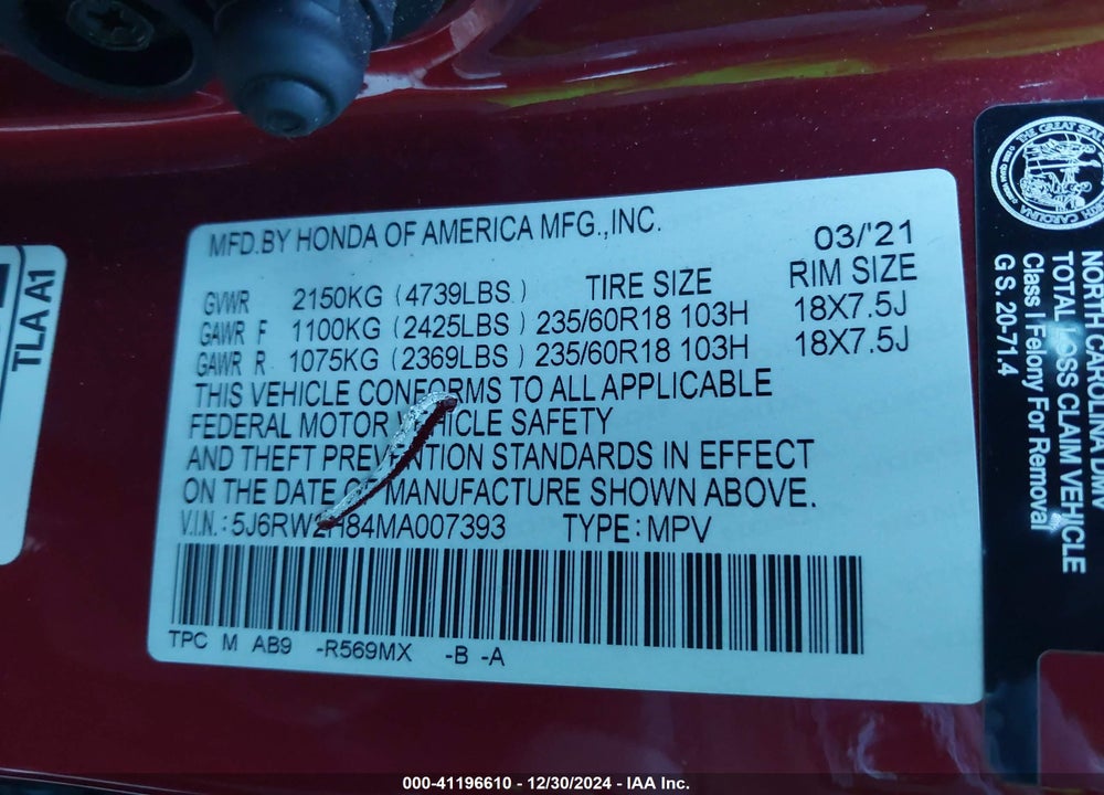 2021 HONDA CR-V VIN: 5J6RW2H84MA007393