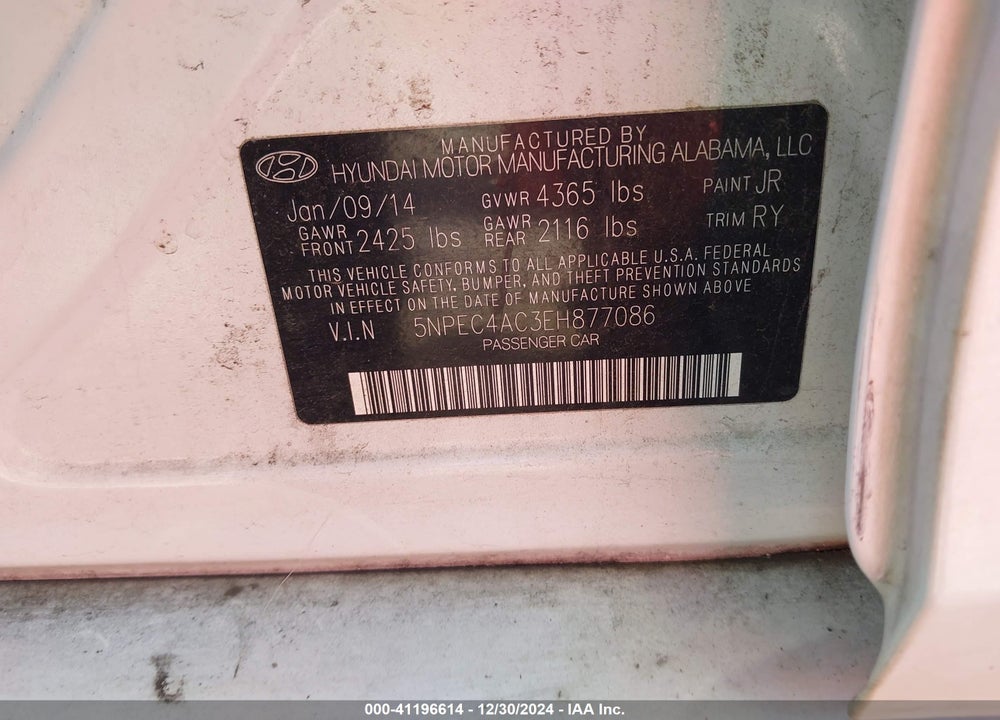 2014 HYUNDAI SONATA VIN: 5NPEC4AC3EH877086