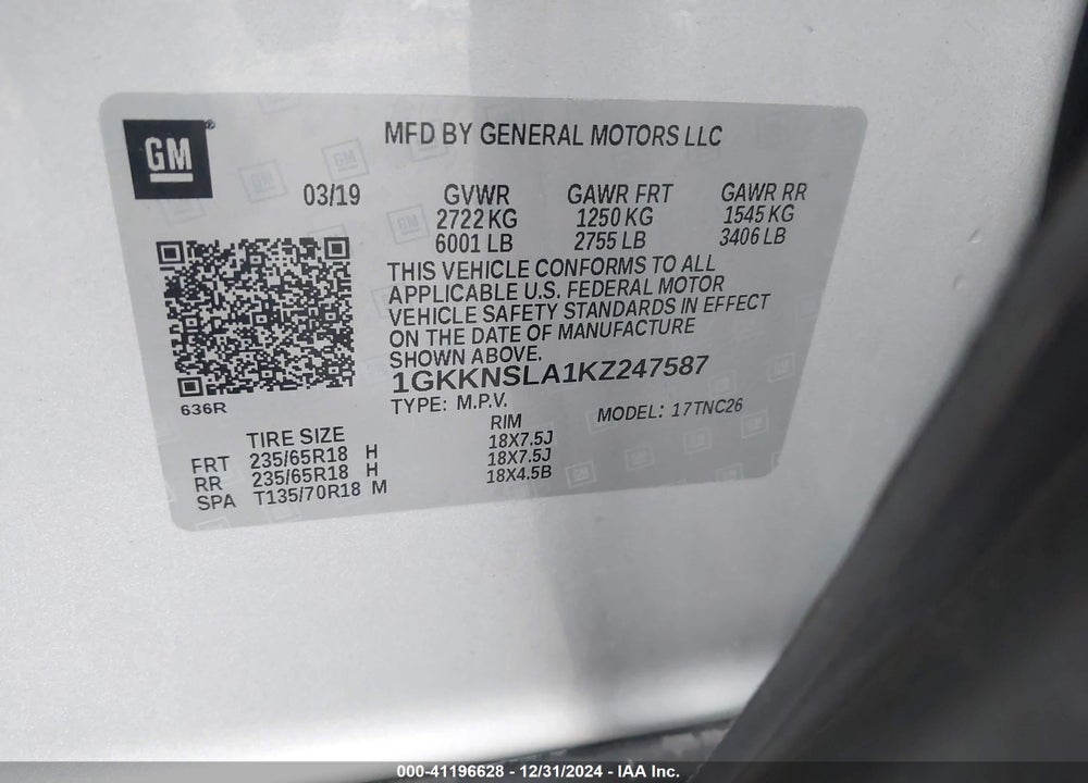 2019 GMC ACADIA SLE-2 VIN: 1GKKNSLA1KZ247587