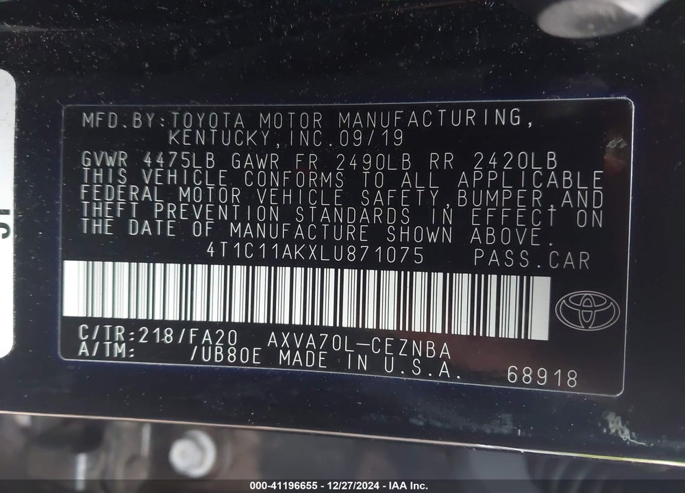 2020 TOYOTA CAMRY LE VIN: 4T1C11AKXLU871075