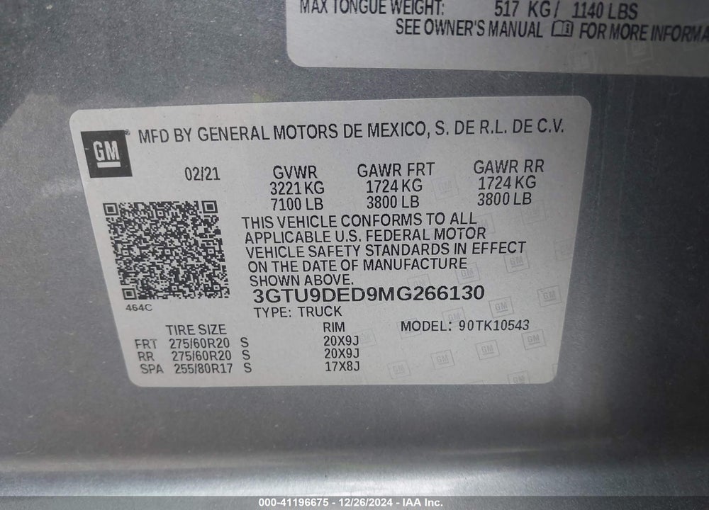 2021 GMC SIERRA 1500 VIN: 3GTU9DED9MG266130