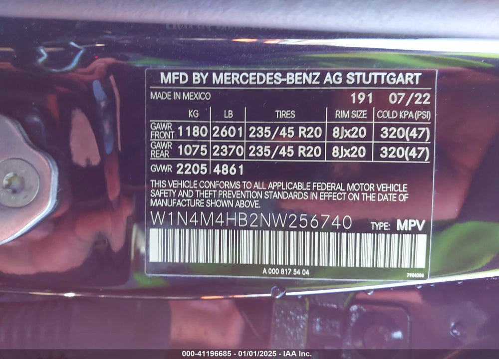 2022 MERCEDES-BENZ GLB 250 4MATIC VIN: W1N4M4HB2NW256740