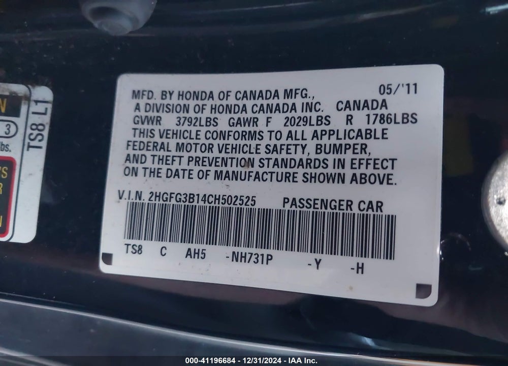 2012 HONDA CIVIC EX-L VIN: 2HGFG3B14CH502525