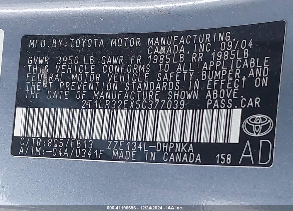 2005 TOYOTA MATRIX/XR VIN: 2T1LR32EX5C377039
