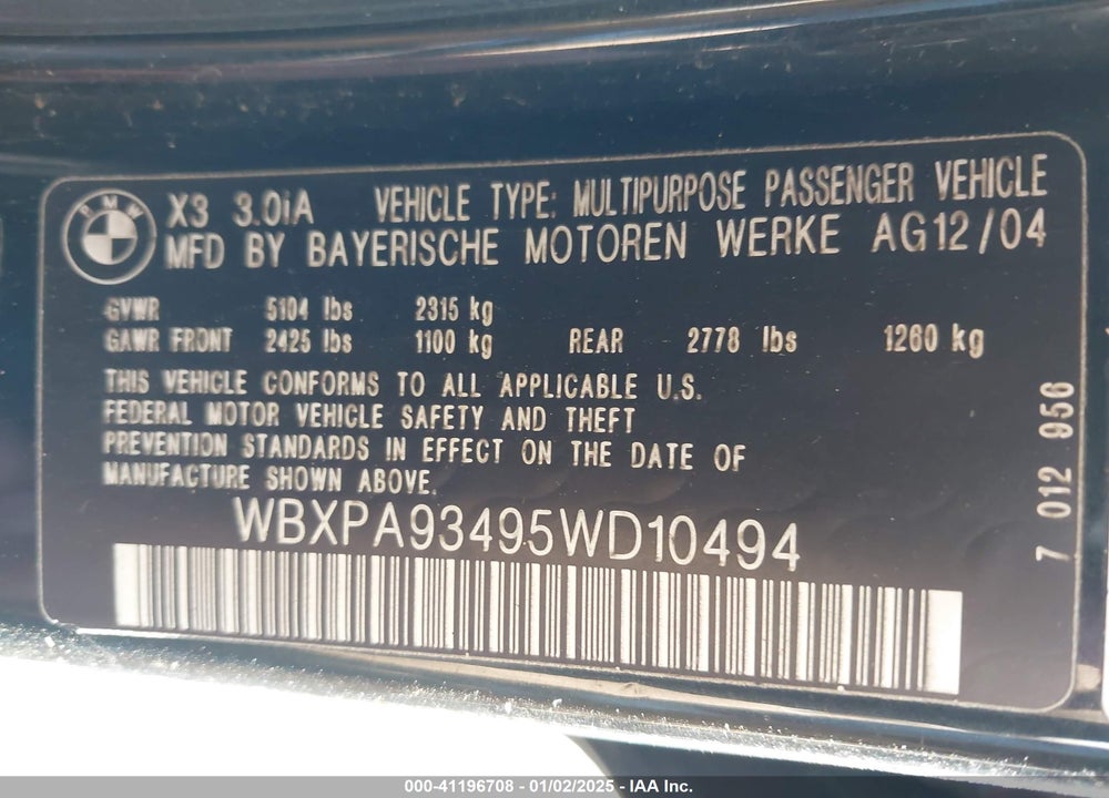 2005 BMW X3 3.0I VIN: WBXPA93495WD10494