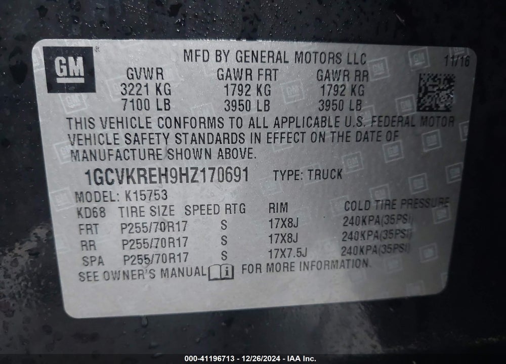2017 CHEVROLET SILVERADO 1500 1LT VIN: 1GCVKREH9HZ170691