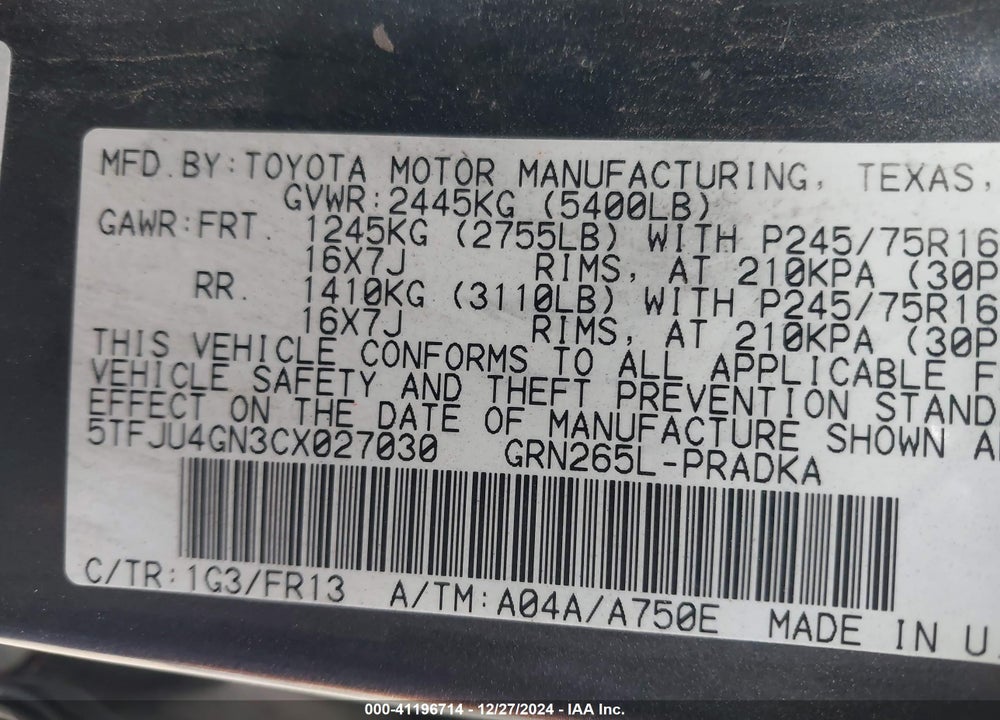 2012 TOYOTA TACOMA VIN: 5TFJU4GN3CX027030