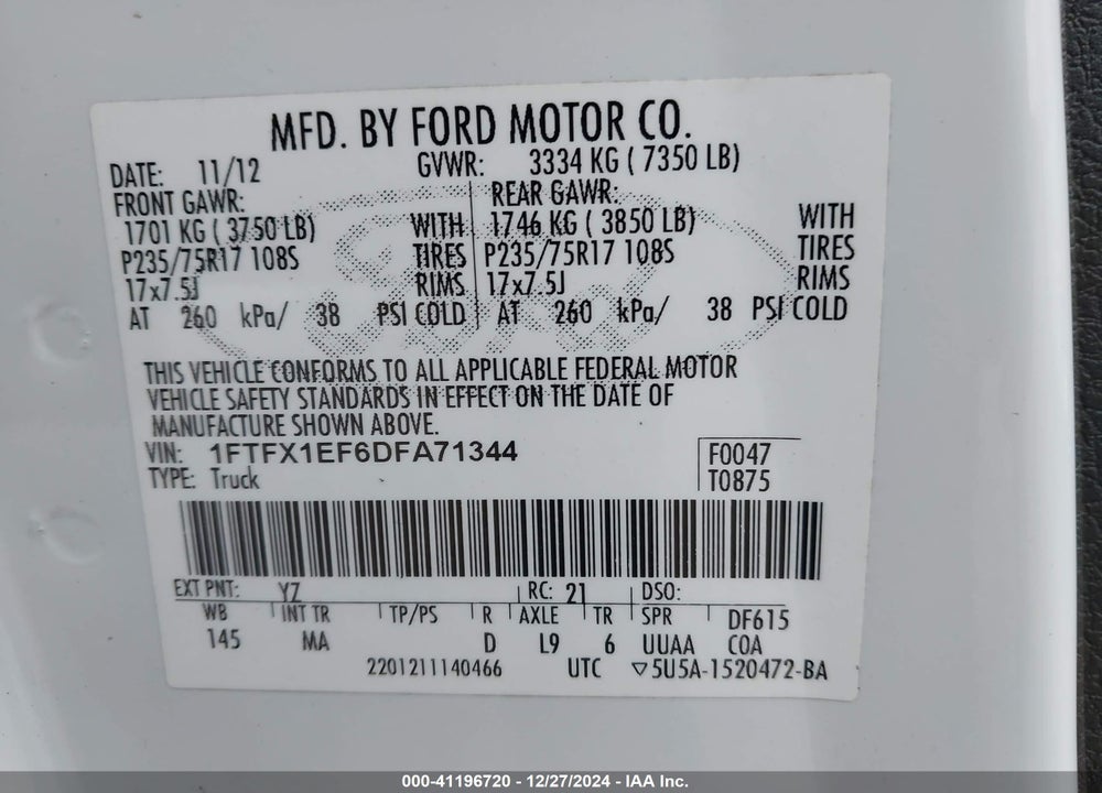 2013 FORD F150 VIN: 1FTFX1EF6DFA71344