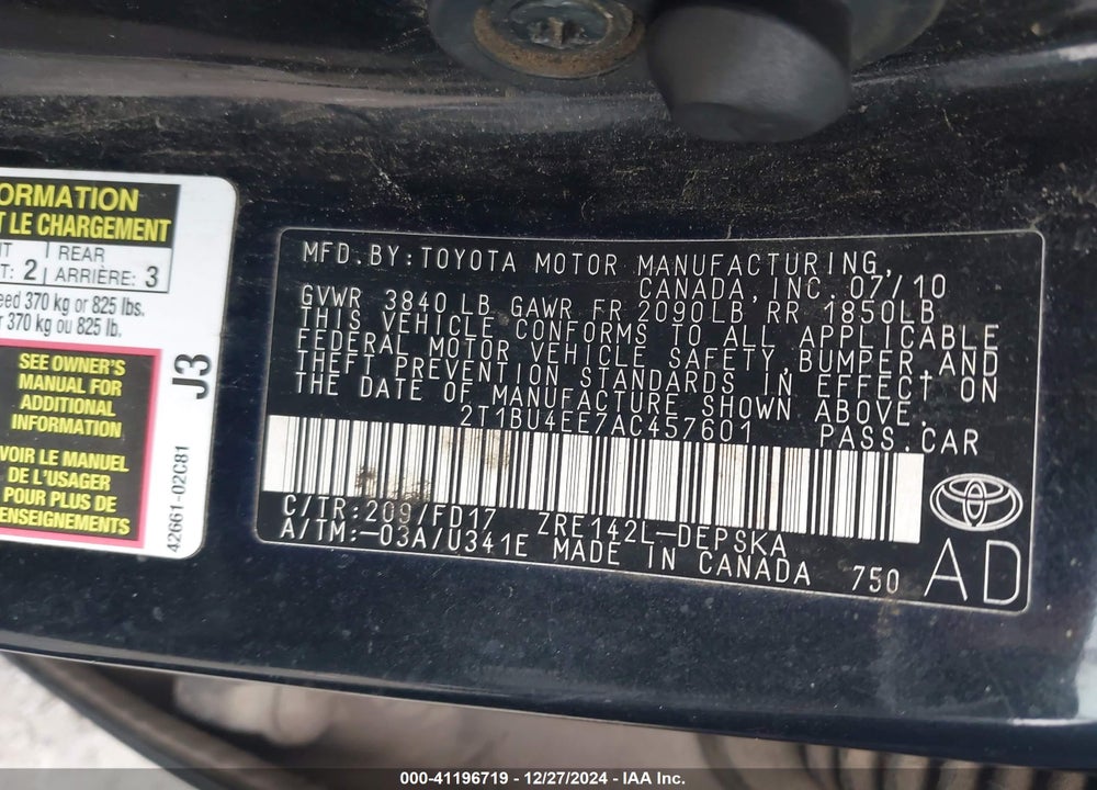 2010 TOYOTA COROLLA S VIN: 2T1BU4EE7AC457601