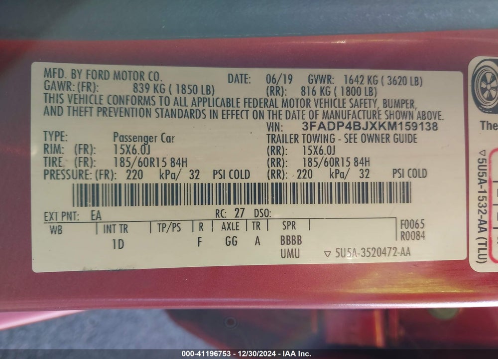 2019 FORD FIESTA SE VIN: 3FADP4BJXKM159138