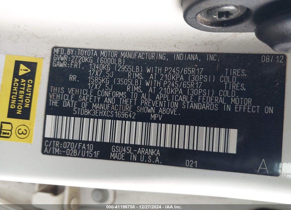 2012 TOYOTA HIGHLANDER SE VIN: 5TDBK3EHXCS169642