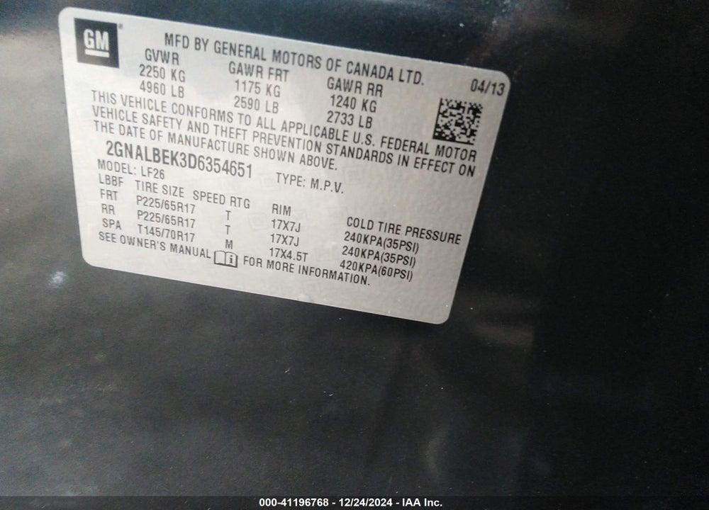 2013 CHEVROLET EQUINOX LS VIN: 2GNALBEK3D6354651